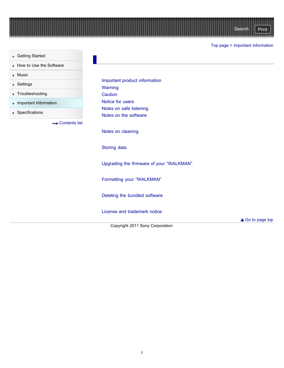 Important information | Sony NWZ-W262BLK User Manual | Page 7 / 80