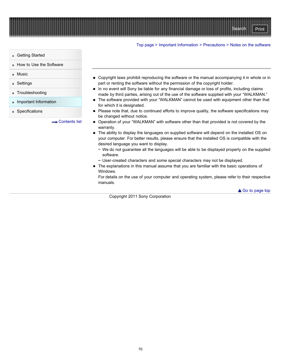 Notes on the software | Sony NWZ-W262BLK User Manual | Page 70 / 80