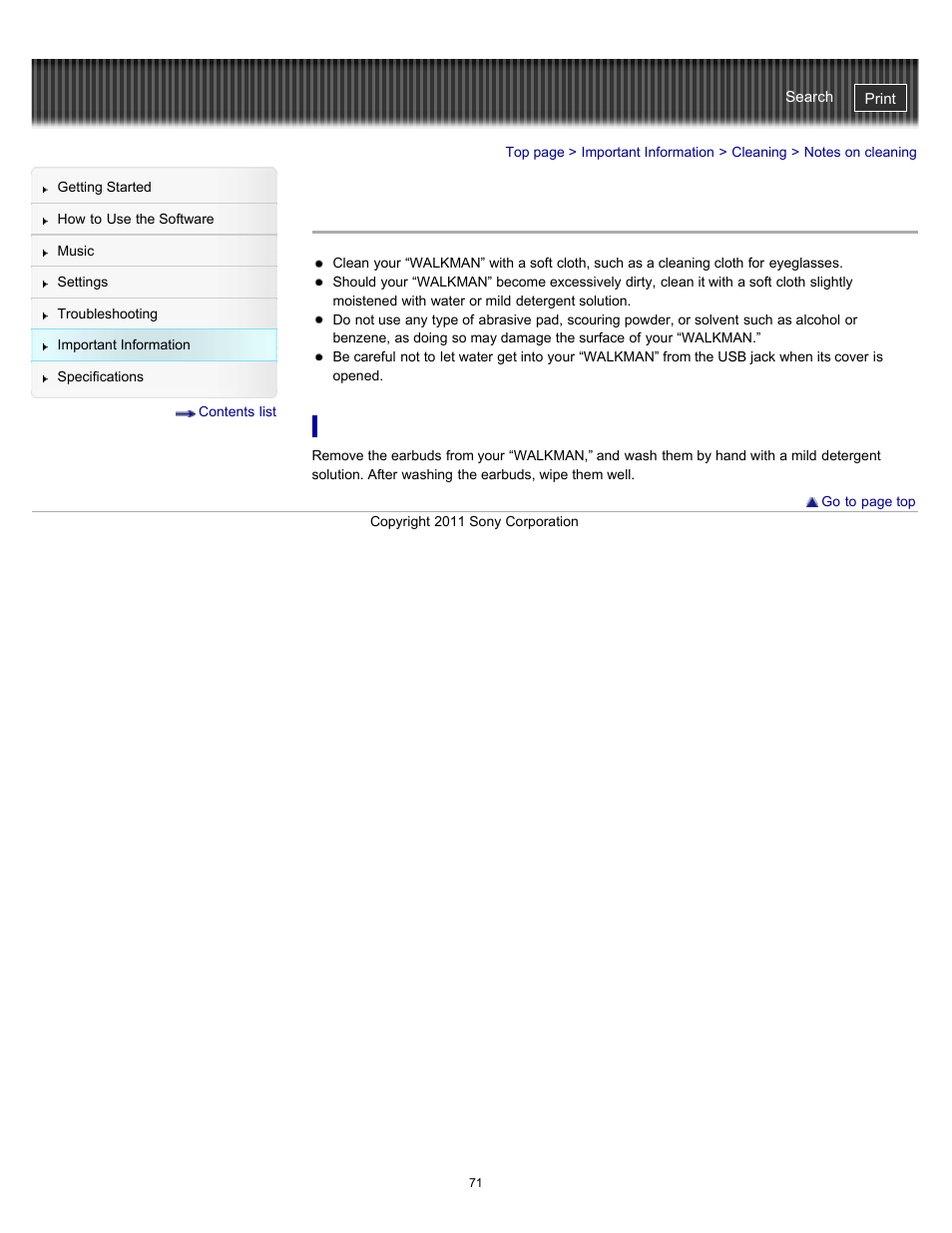 Notes on cleaning | Sony NWZ-W262BLK User Manual | Page 71 / 80