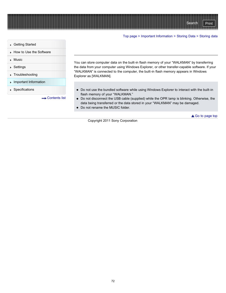 Storing data | Sony NWZ-W262BLK User Manual | Page 72 / 80