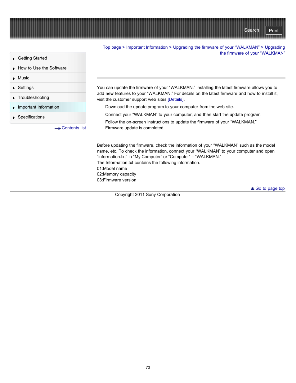 Upgrading the firmware of your “walkman | Sony NWZ-W262BLK User Manual | Page 73 / 80