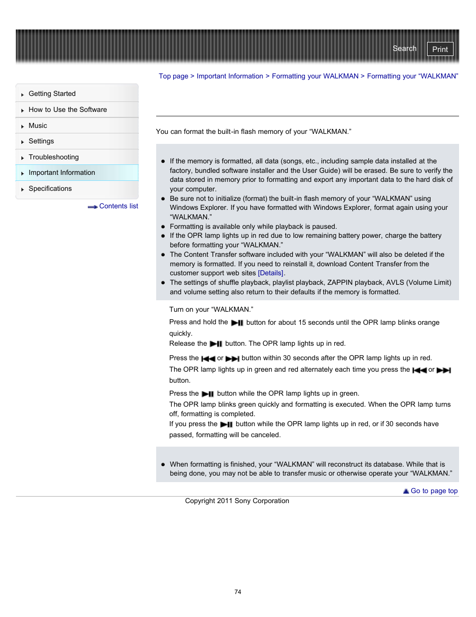 Formatting your “walkman, Details | Sony NWZ-W262BLK User Manual | Page 74 / 80