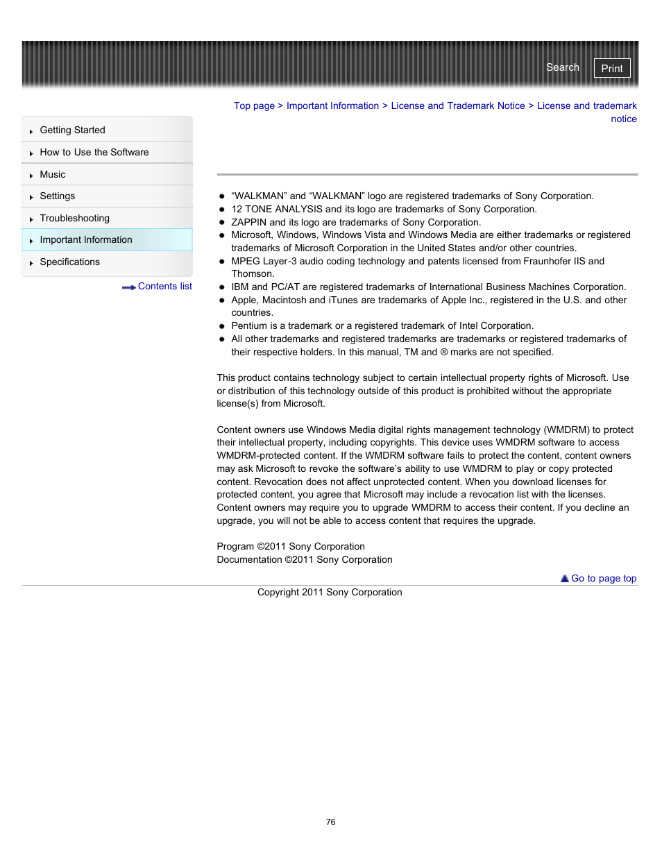 License and trademark notice | Sony NWZ-W262BLK User Manual | Page 76 / 80