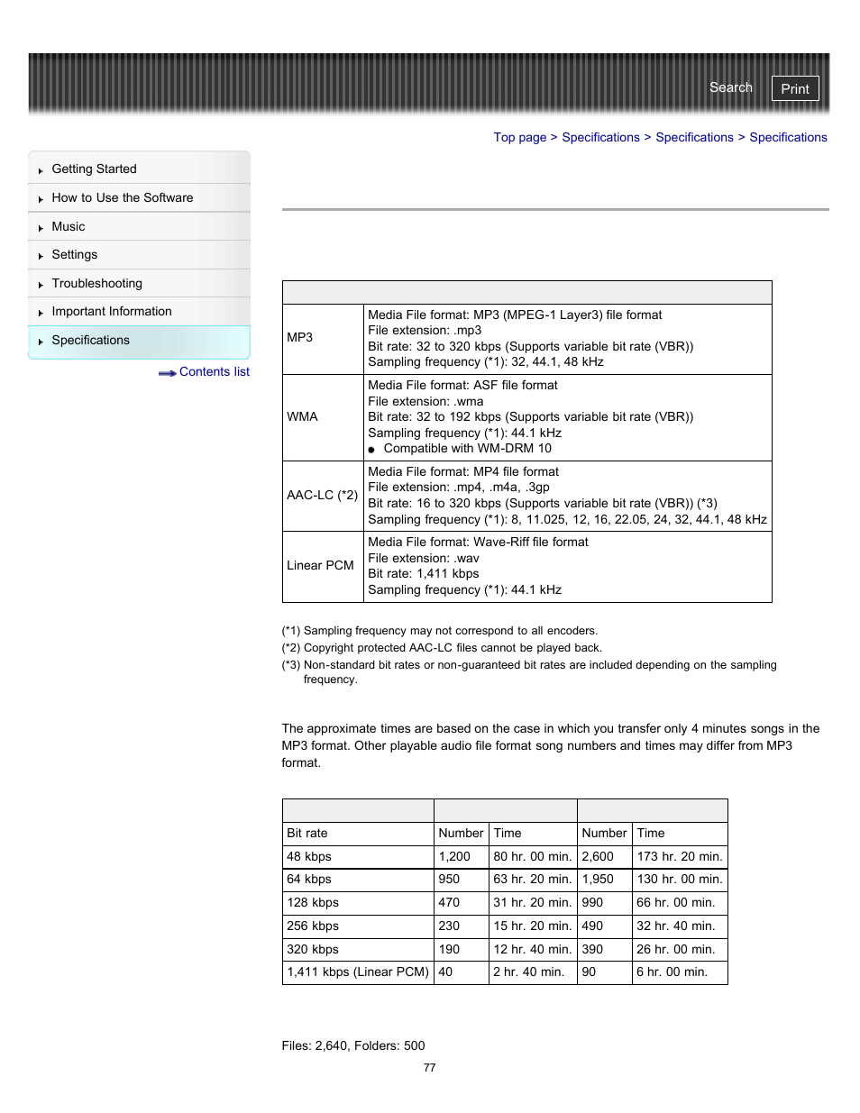 Specifications, Details | Sony NWZ-W262BLK User Manual | Page 77 / 80