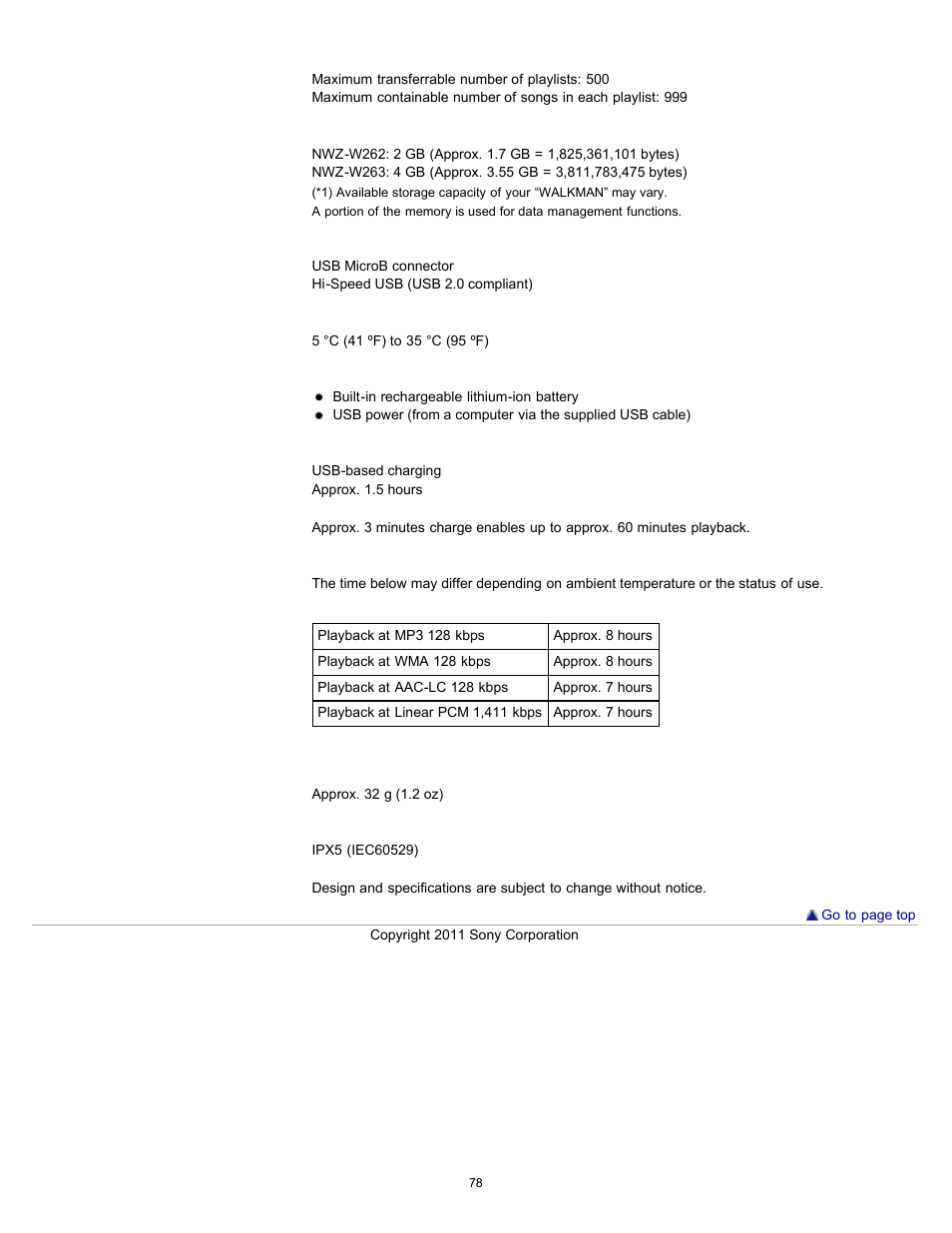 Details, Charging time | Sony NWZ-W262BLK User Manual | Page 78 / 80