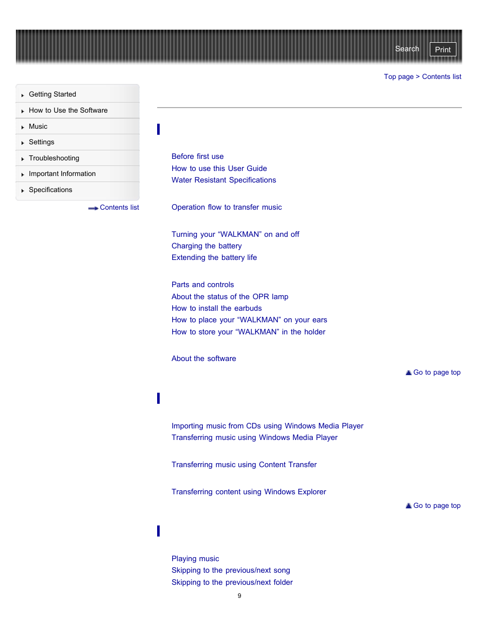 Contents list | Sony NWZ-W262BLK User Manual | Page 9 / 80