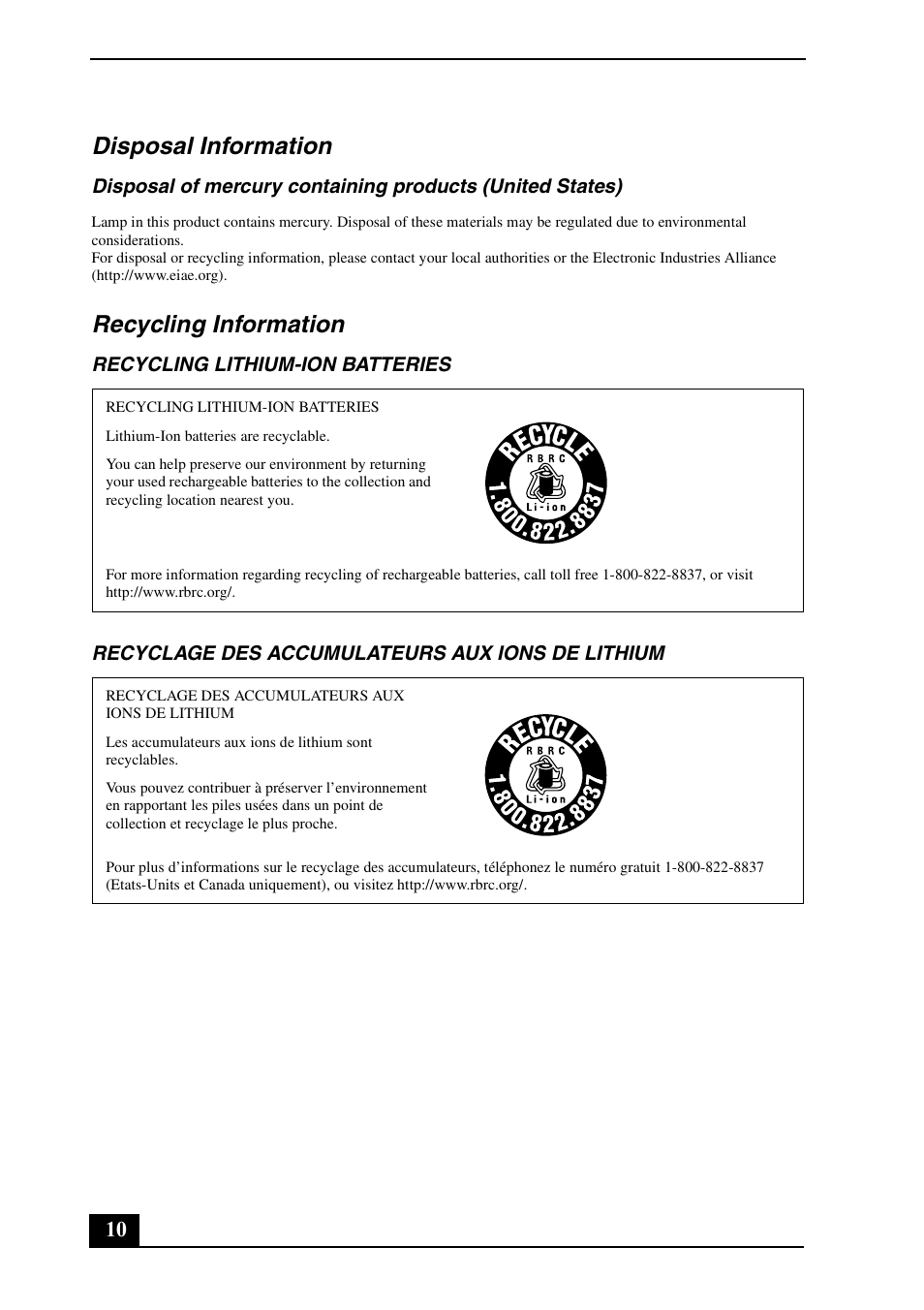 Disposal information, Recycling information | Sony VPCF11KFX User Manual | Page 10 / 24