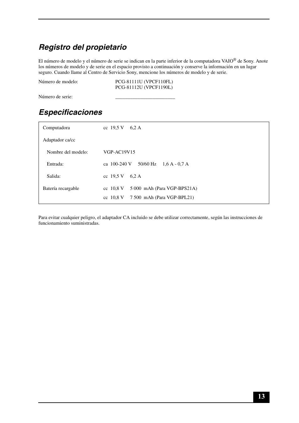 Registro del propietario, Especificaciones | Sony VPCF11KFX User Manual | Page 13 / 24