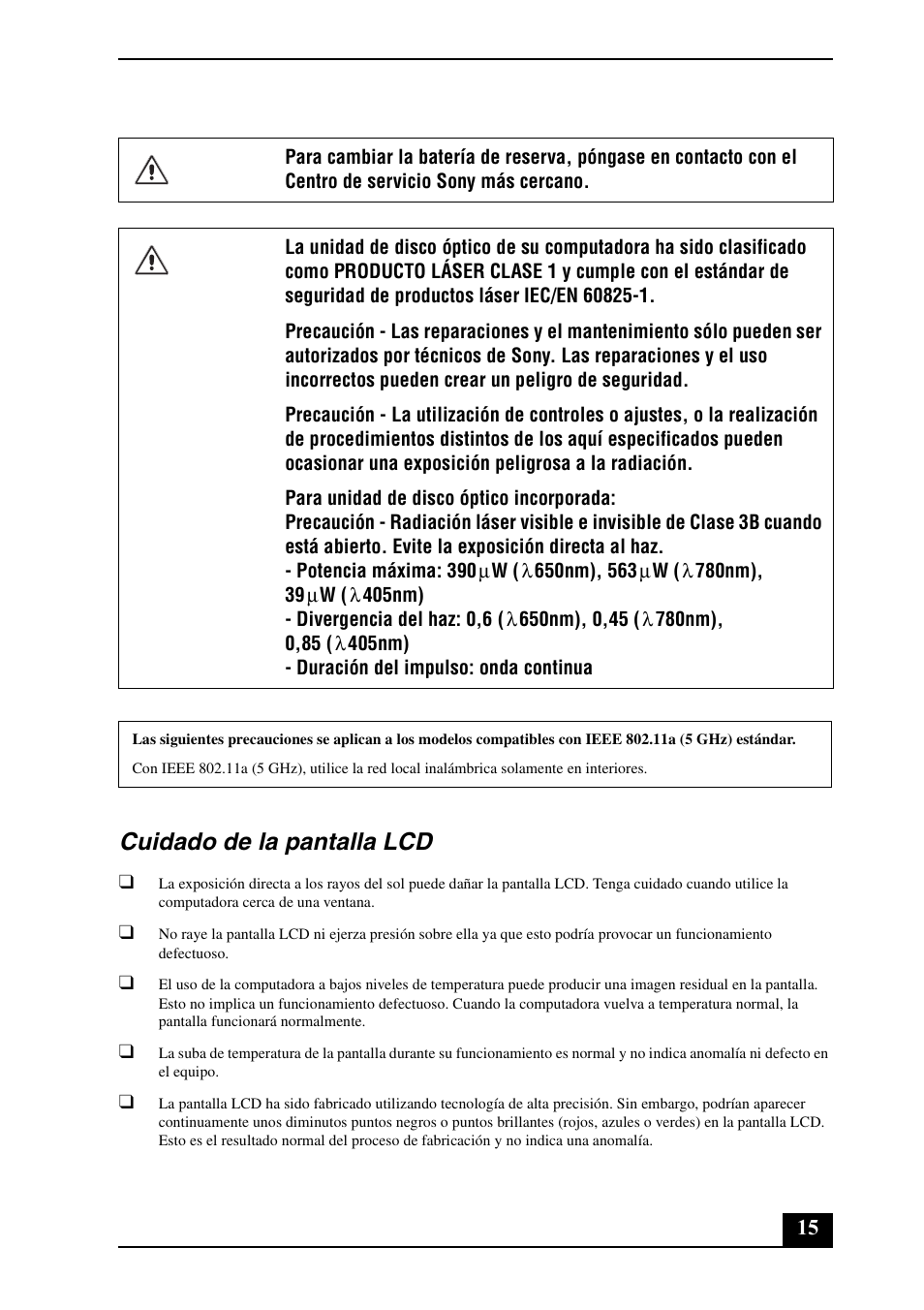 Cuidado de la pantalla lcd | Sony VPCF11KFX User Manual | Page 15 / 24