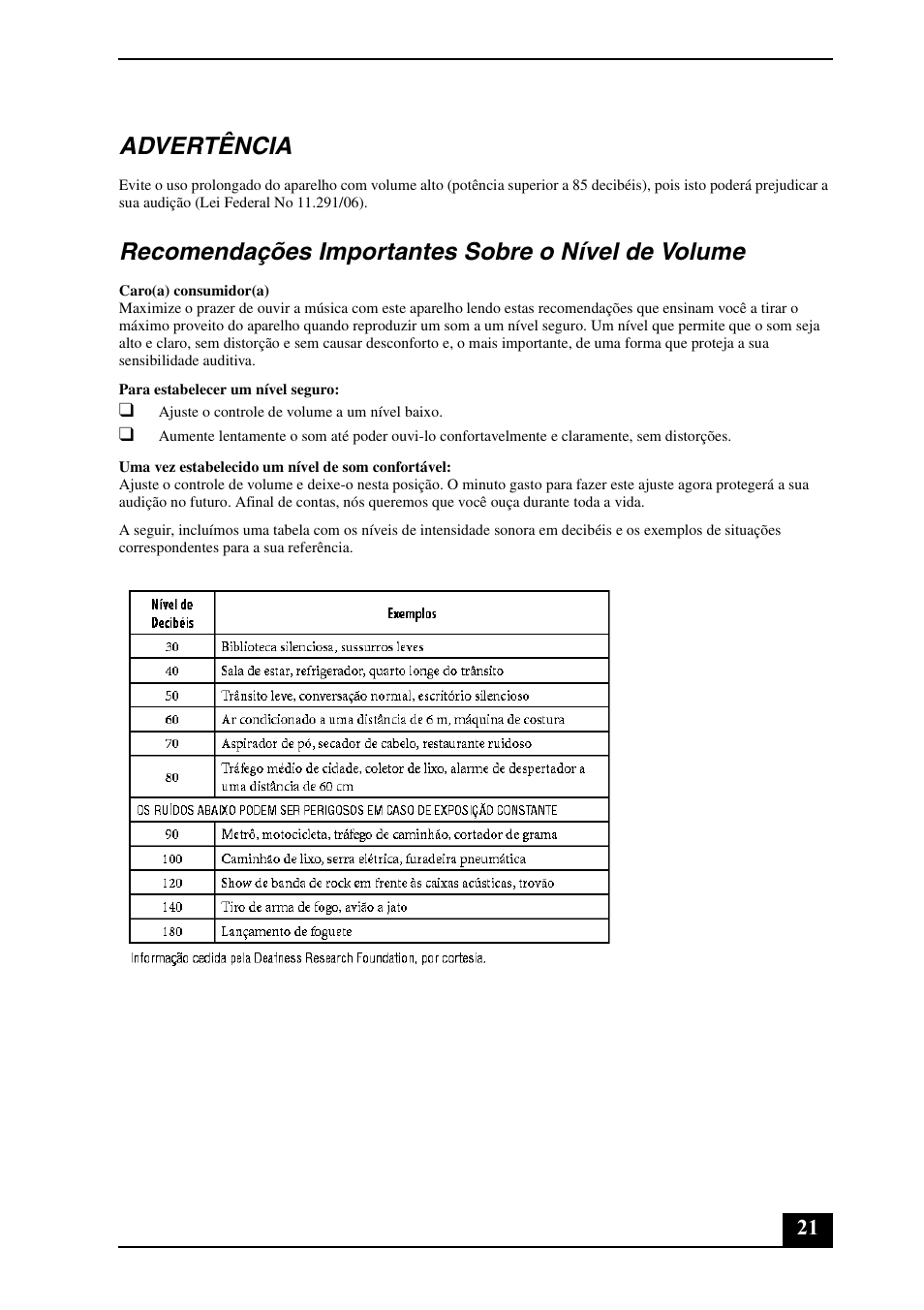 Advertência, Recomendações importantes sobre o nível de volume | Sony VPCF11KFX User Manual | Page 21 / 24