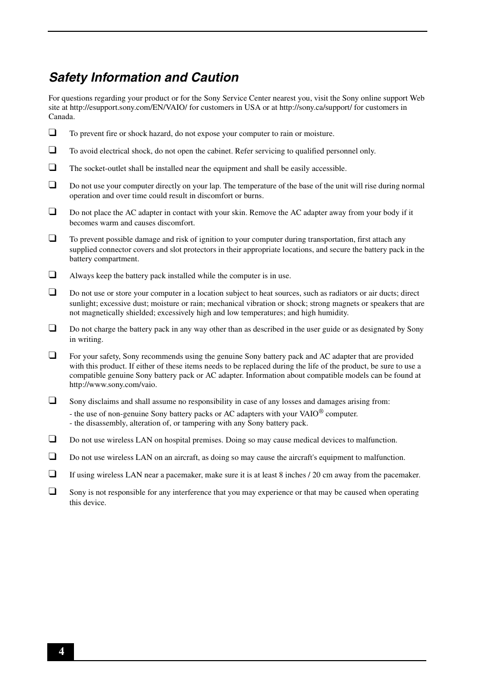 Safety information and caution | Sony VPCF11KFX User Manual | Page 4 / 24