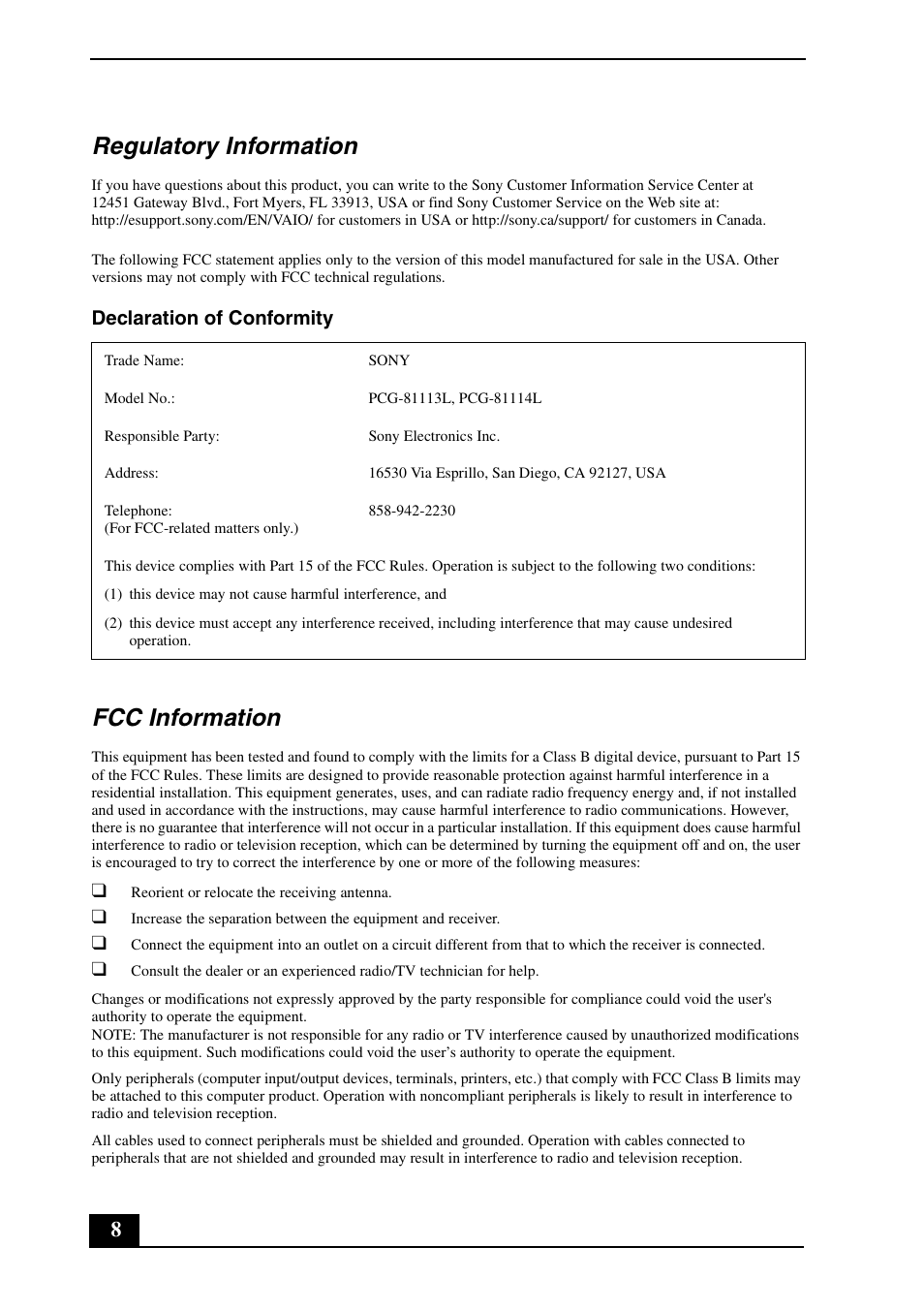 Regulatory information, Fcc information, Declaration of conformity | Sony VPCF11KFX User Manual | Page 8 / 24