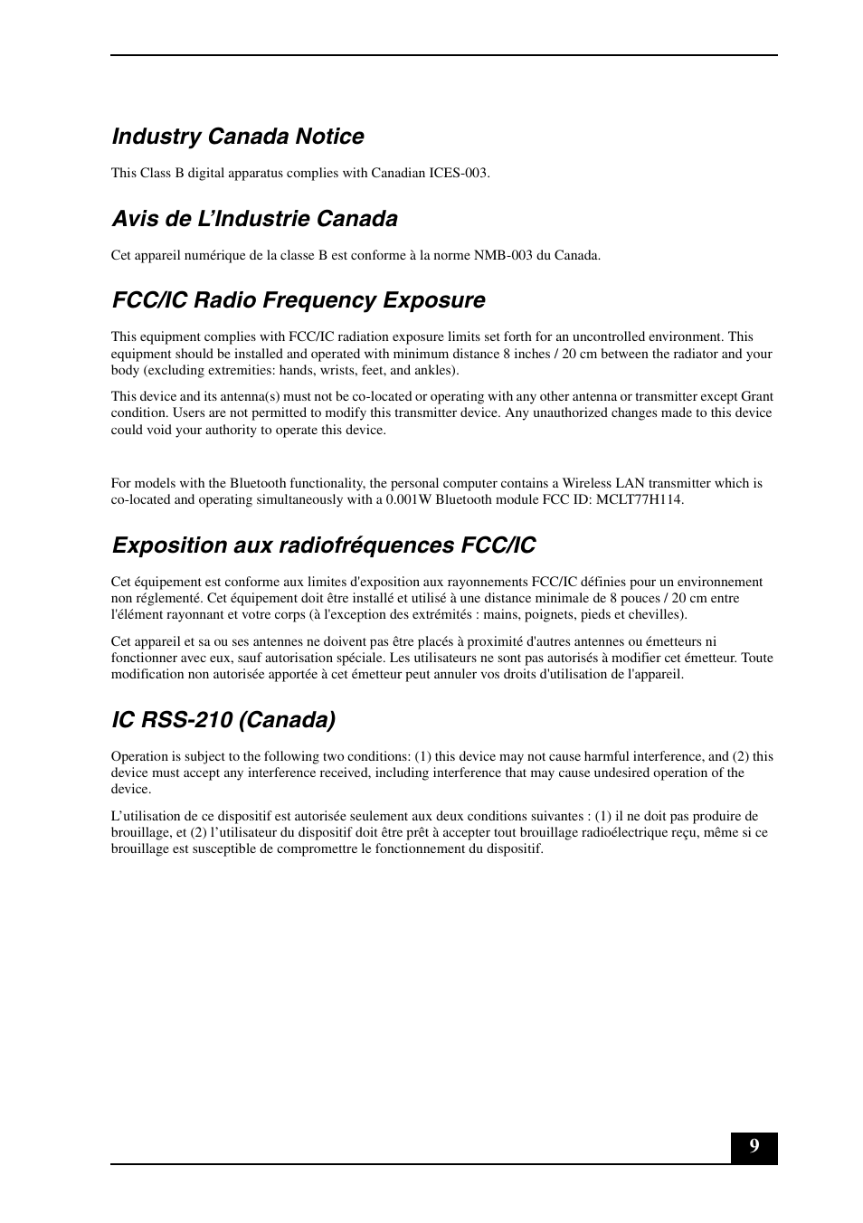 Industry canada notice, Avis de l’industrie canada, Fcc/ic radio frequency exposure | Exposition aux radiofréquences fcc/ic, Ic rss-210 (canada) | Sony VPCF11KFX User Manual | Page 9 / 24