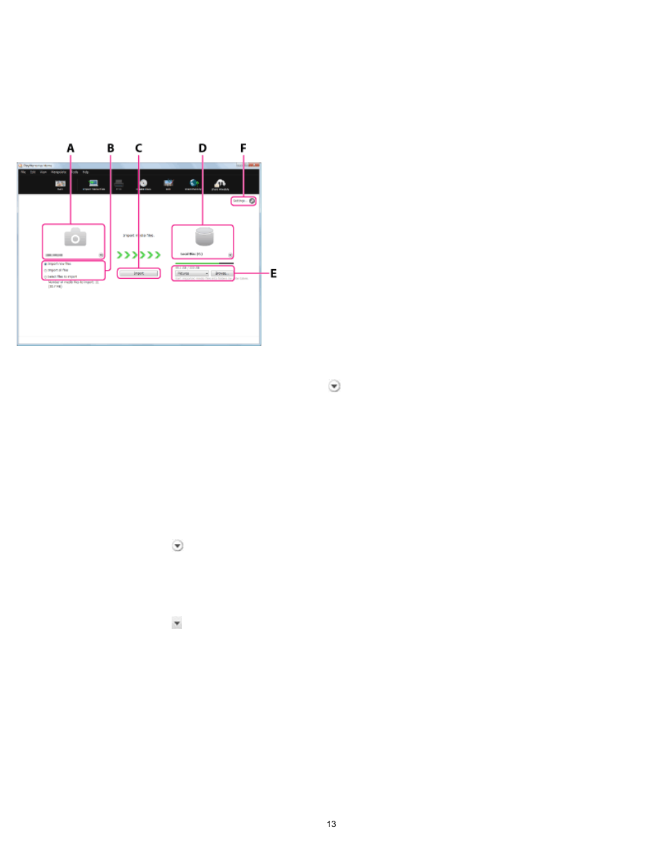 Parts and controls of the import window | Sony PlayMemories Home User Manual | Page 13 / 17