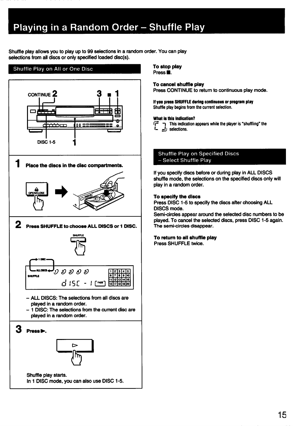 Playing in a random order - shuffle play | Sony CDP-C435 User Manual | Page 15 / 31