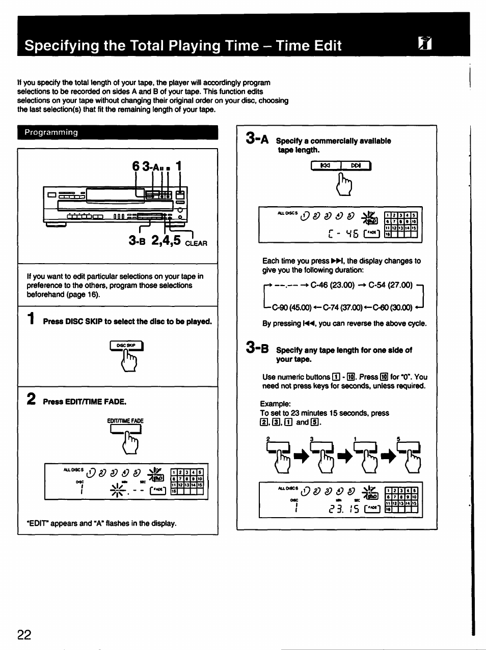 Specifying the total playing time - time edit, D].(i],(il | Sony CDP-C435 User Manual | Page 22 / 31