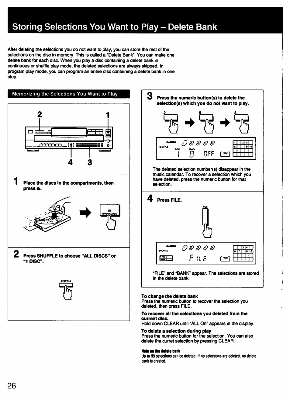 Storing selections you want to play - delete bank, Io ncc | Sony CDP-C435 User Manual | Page 26 / 31