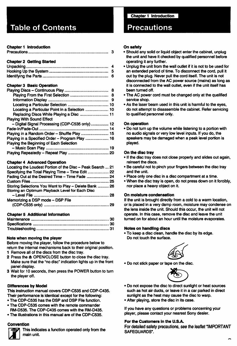 Table of contents precautions | Sony CDP-C435 User Manual | Page 3 / 31