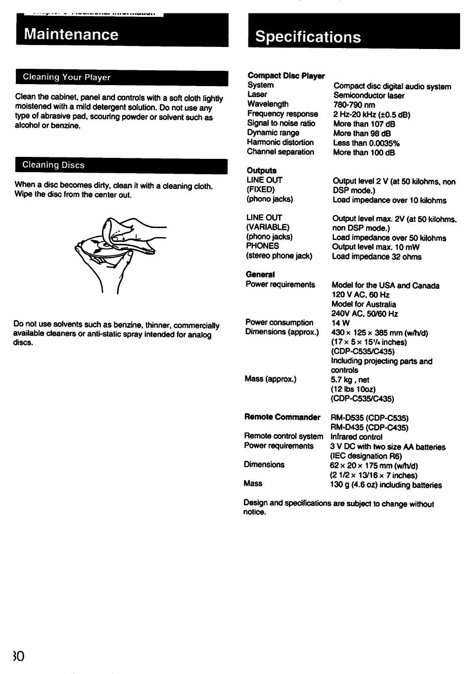 Maintenance specifications | Sony CDP-C435 User Manual | Page 30 / 31