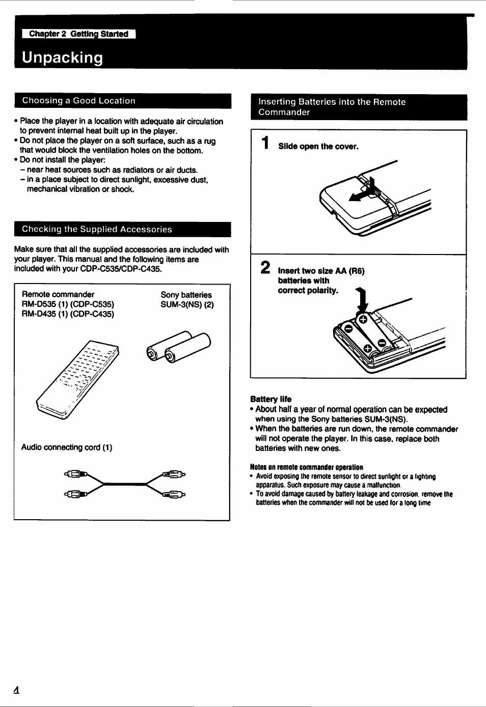 Unpacking | Sony CDP-C435 User Manual | Page 4 / 31