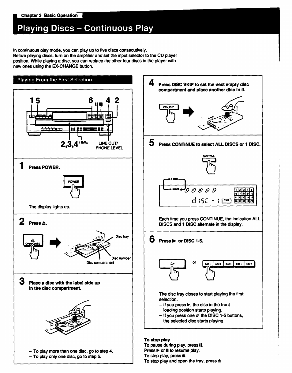 Playing discs - continuous play, Piaying discs - continuous play, D i s | 3? é | Sony CDP-C435 User Manual | Page 8 / 31