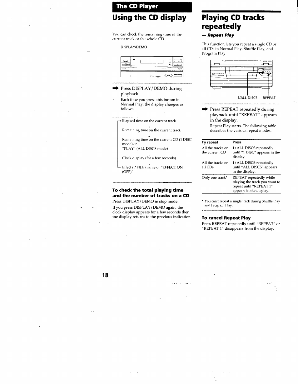 The cd player, Using the cd display, Press display/demo during playback | Playing cd tracks repeatedly, To cancel repeat play | Sony LBT-D690 User Manual | Page 18 / 42