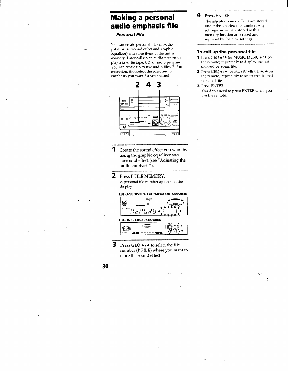 Making a personal audio emphasis file, To call up the personal file | Sony LBT-D690 User Manual | Page 30 / 42