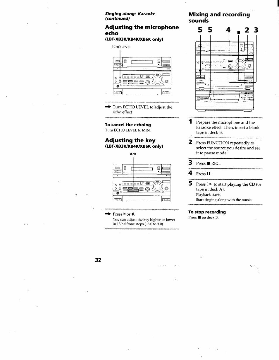 Adjusting the microphone echo, Lbt-xb3k/xb4k/xb6k only), Mixing and recording sounds | To stop recording, Adjusting the key | Sony LBT-D690 User Manual | Page 32 / 42