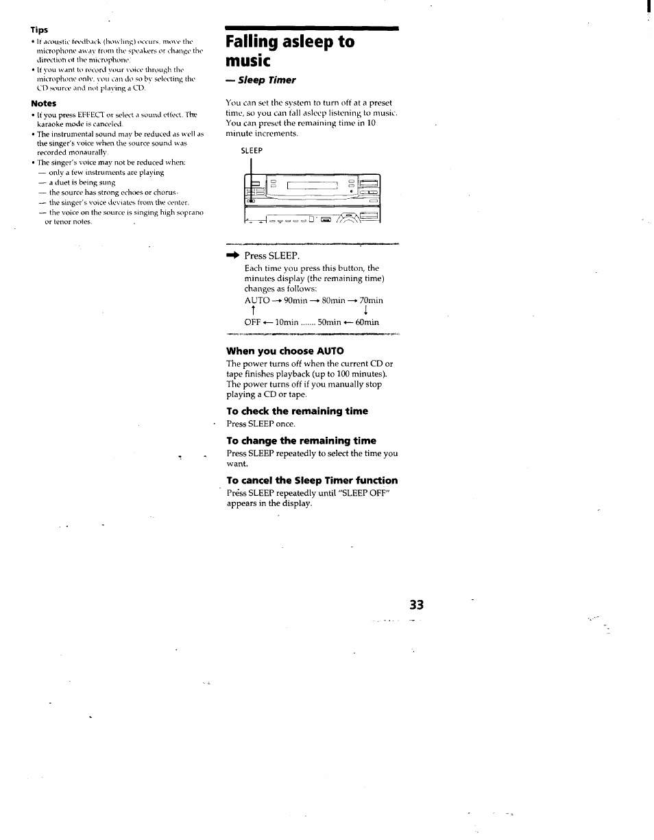 Falling asleep to music, When you choose auto, To check the remaining time | To change the remaining time, To cancel the sleep timer function | Sony LBT-D690 User Manual | Page 33 / 42