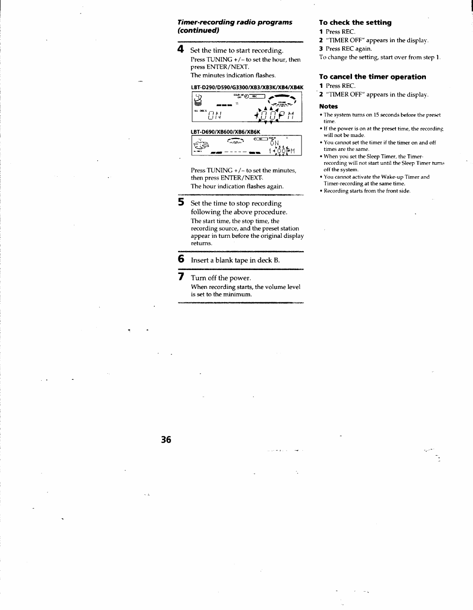 4 set the time to start recording, 6 insert a blank tape in deck b, 7 turn off the power | To check the setting, To cancel the timer operation | Sony LBT-D690 User Manual | Page 36 / 42