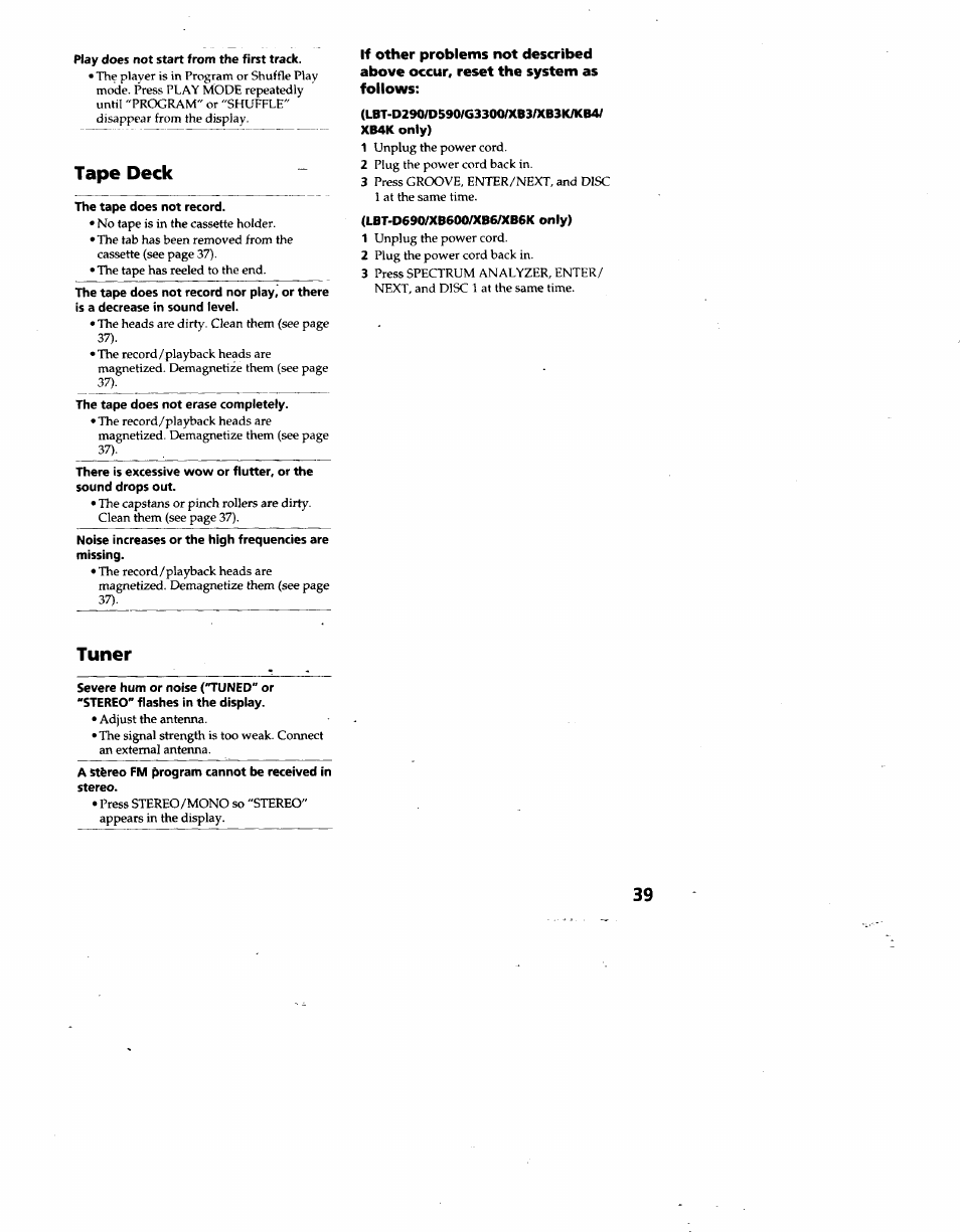 Tape deck, Lbt-d290/d590/g3300/xb3/xb3k/kb4/ xb4k only), Lbt-d690/xb600/xb6/xb6k only) | Tuner | Sony LBT-D690 User Manual | Page 39 / 42