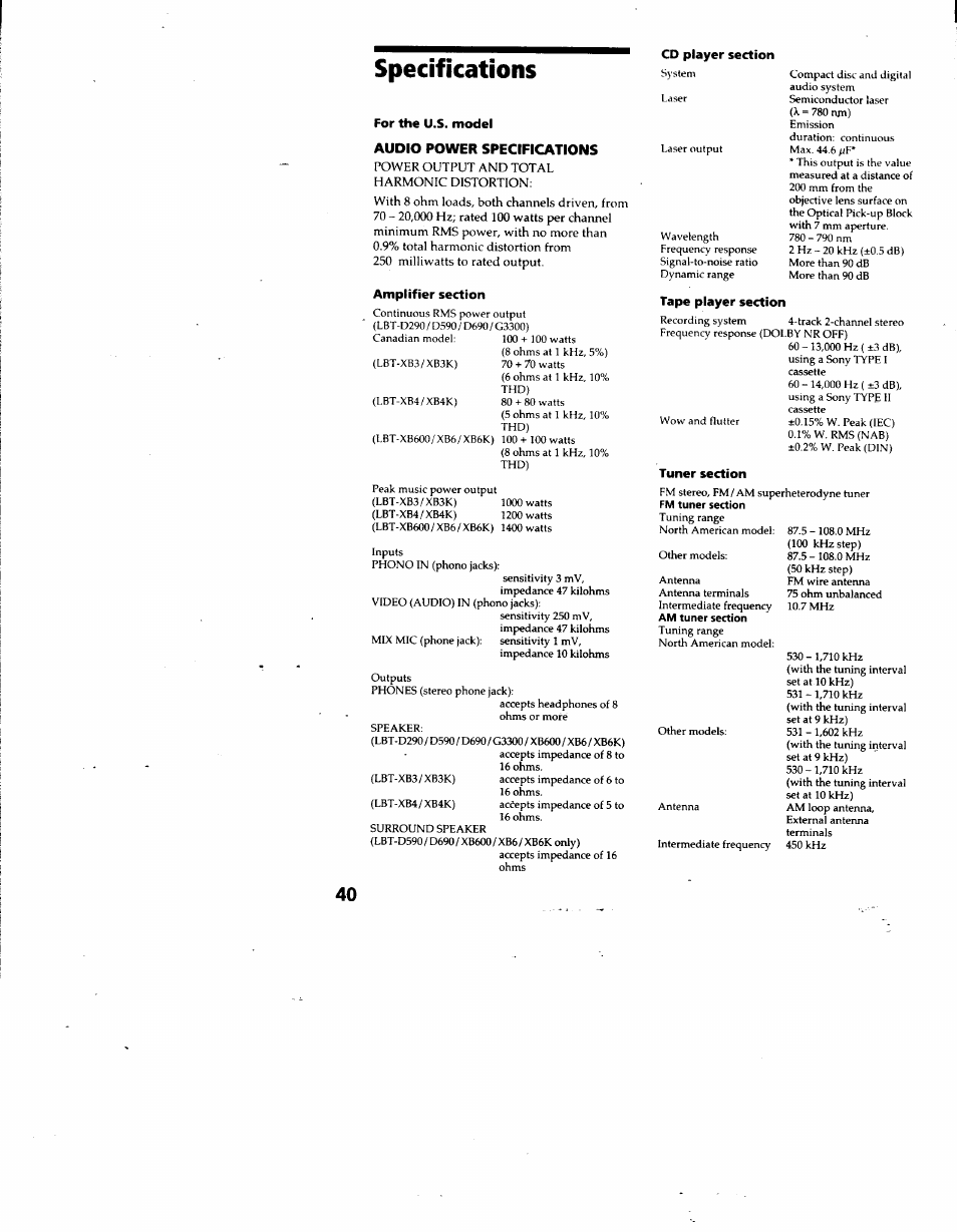 Specifications | Sony LBT-D690 User Manual | Page 40 / 42