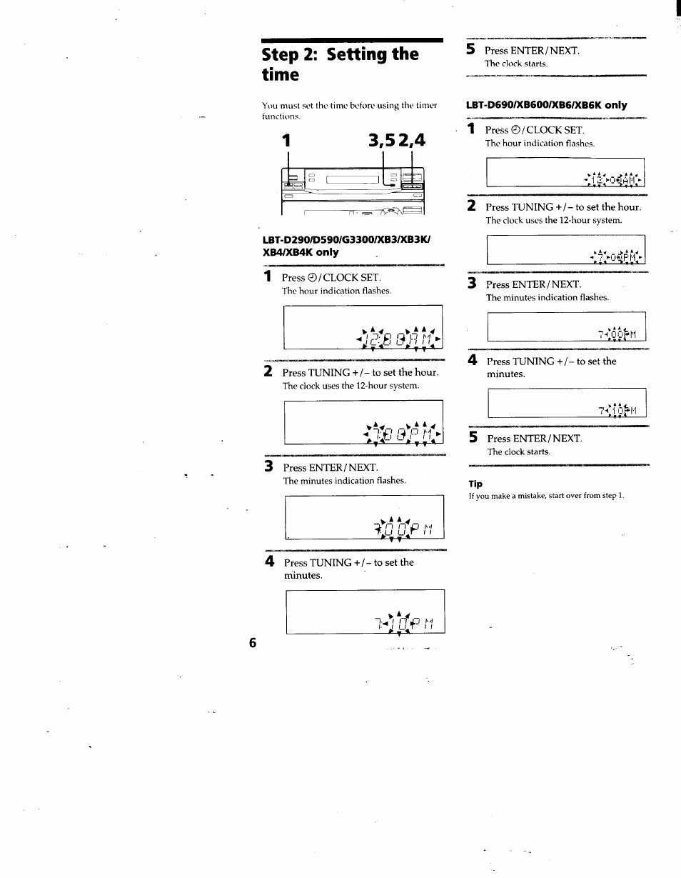 Step 2: setting the time, Lbt-d290/d590/g3300/xb3/xb3k/ xb4/xb4k only, Lbt-d690/xb600/xb6/xb6k only | Step 2: setting the time h | Sony LBT-D690 User Manual | Page 6 / 42