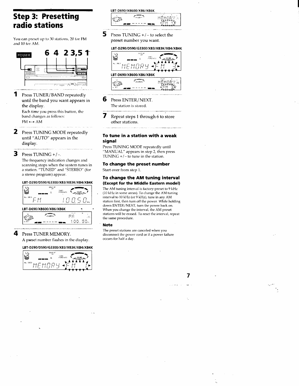 Step 3: presetting radio stations, F ▼ t, To tune in a station with a weak signal | To change the preset number, To change the am tuning interval | Sony LBT-D690 User Manual | Page 7 / 42