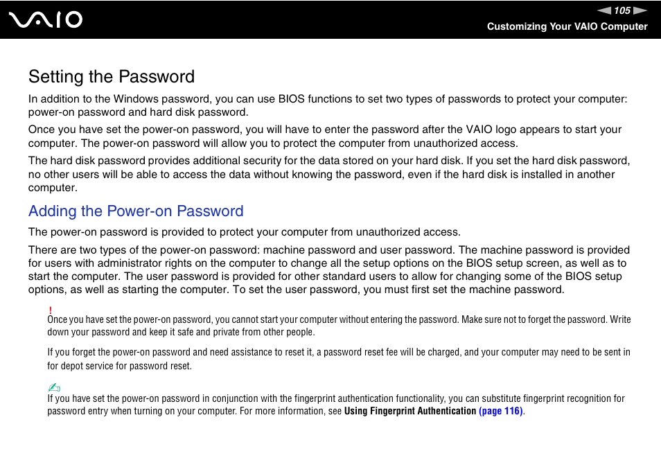 Setting the password, Adding the power-on password | Sony VGN-SZ440 User Manual | Page 105 / 239