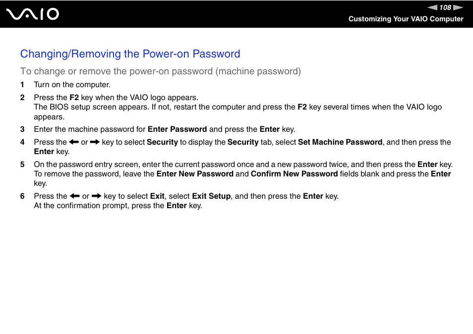 Changing/removing the power-on password | Sony VGN-SZ440 User Manual | Page 108 / 239