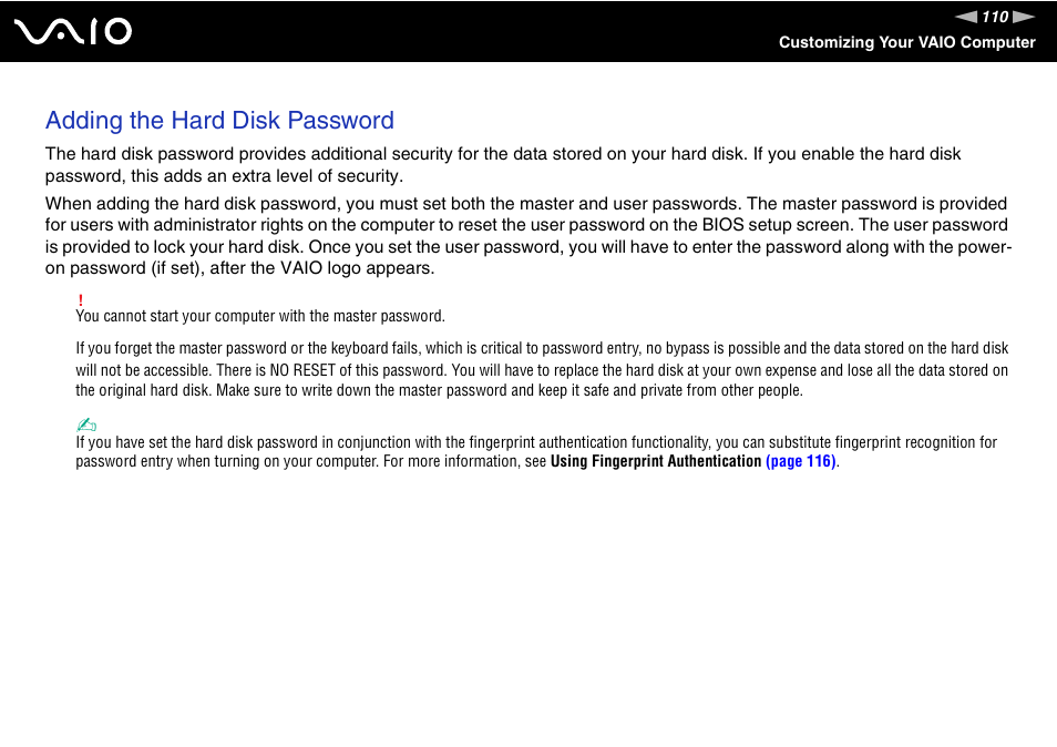 Adding the hard disk password | Sony VGN-SZ440 User Manual | Page 110 / 239