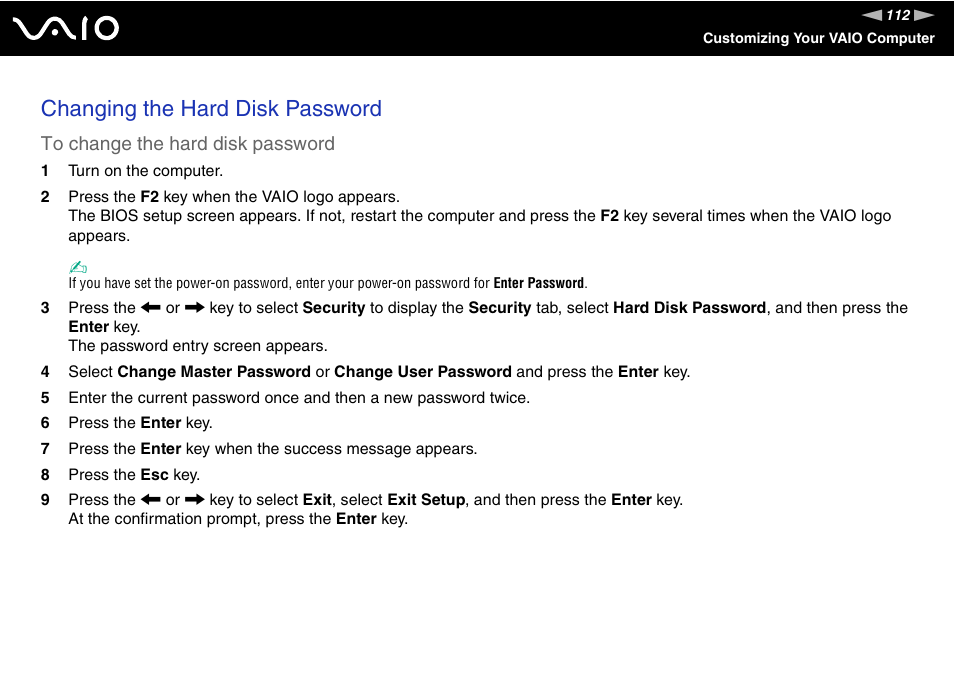 Changing the hard disk password | Sony VGN-SZ440 User Manual | Page 112 / 239