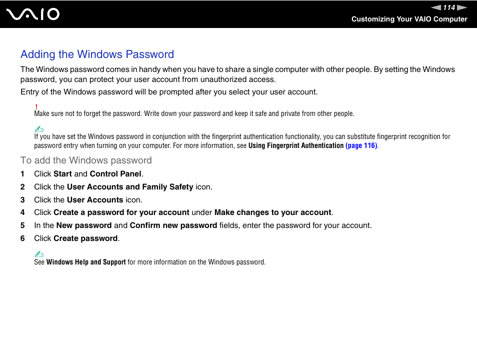 Adding the windows password | Sony VGN-SZ440 User Manual | Page 114 / 239