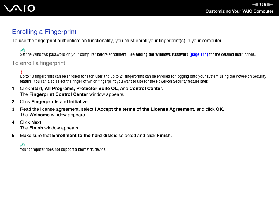 Enrolling a fingerprint | Sony VGN-SZ440 User Manual | Page 119 / 239