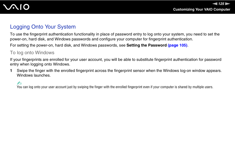 Logging onto your system | Sony VGN-SZ440 User Manual | Page 125 / 239