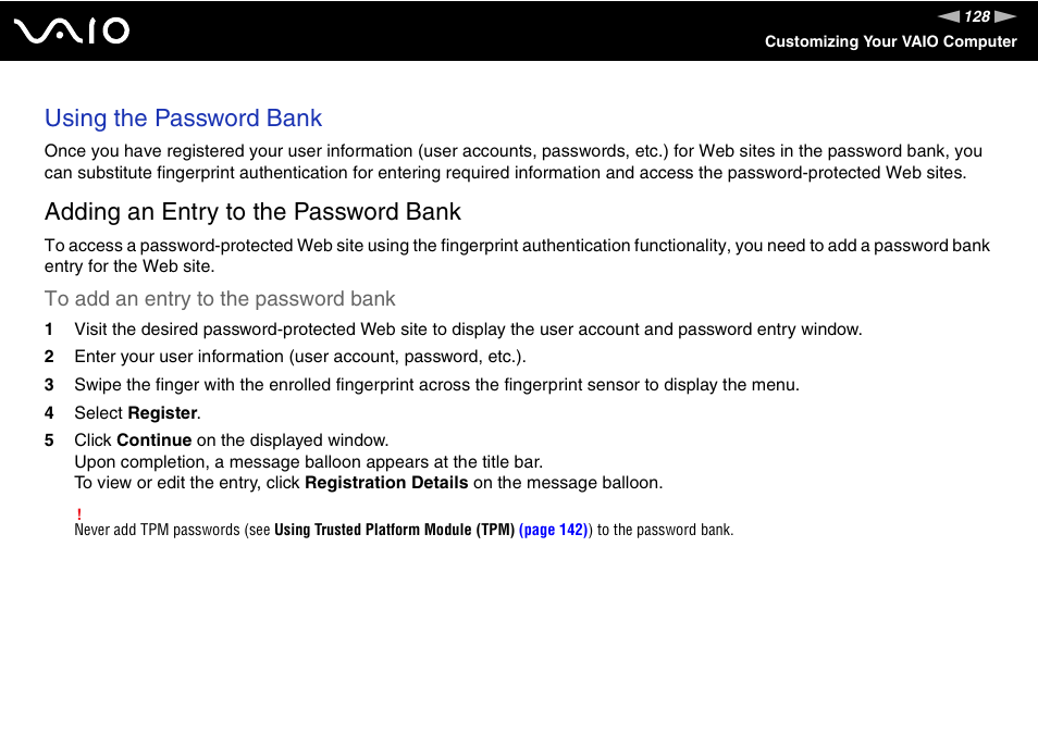 Using the password bank, Adding an entry to the password bank | Sony VGN-SZ440 User Manual | Page 128 / 239