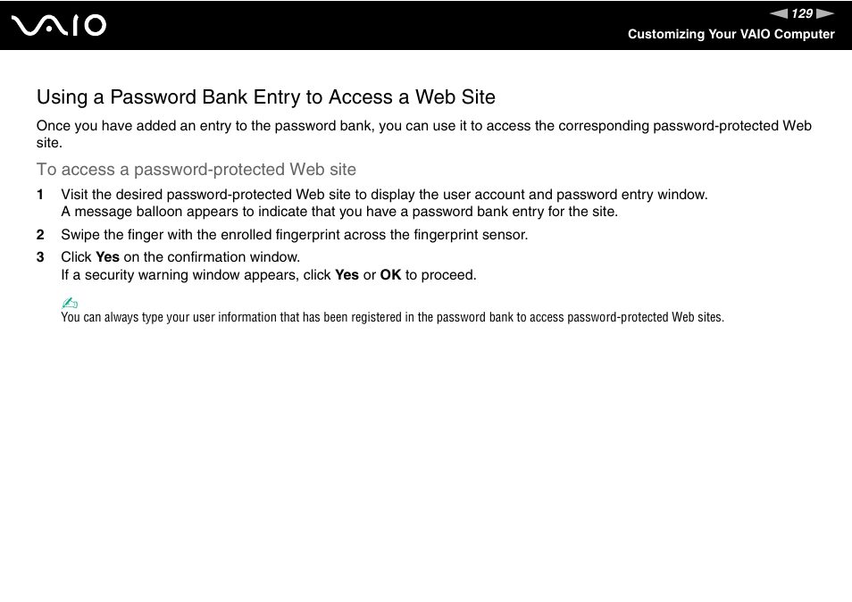 Using a password bank entry to access a web site | Sony VGN-SZ440 User Manual | Page 129 / 239