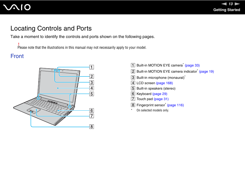 Locating controls and ports, Front | Sony VGN-SZ440 User Manual | Page 13 / 239