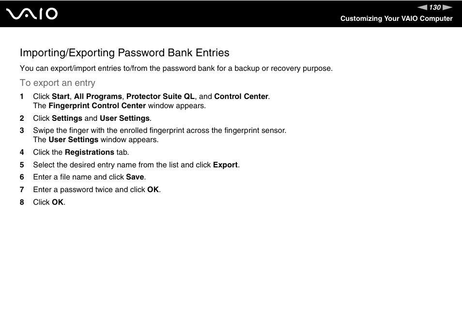 Importing/exporting password bank entries | Sony VGN-SZ440 User Manual | Page 130 / 239