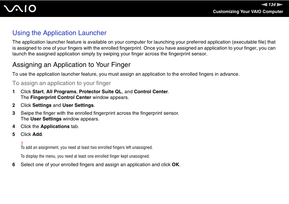 Using the application launcher, Assigning an application to your finger | Sony VGN-SZ440 User Manual | Page 134 / 239