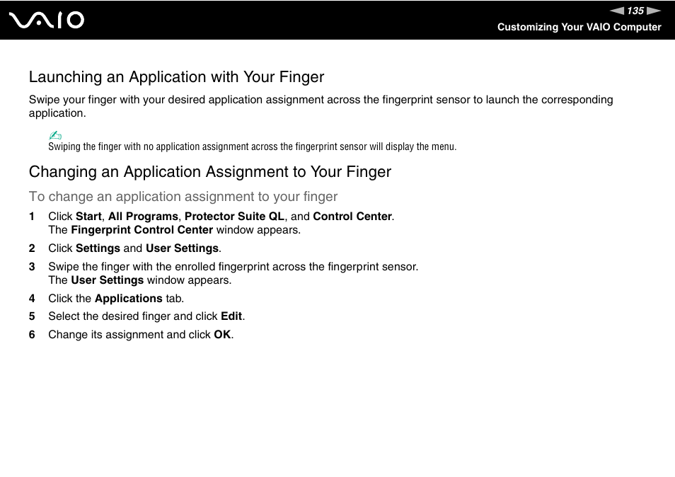 Launching an application with your finger, Changing an application assignment to your finger | Sony VGN-SZ440 User Manual | Page 135 / 239