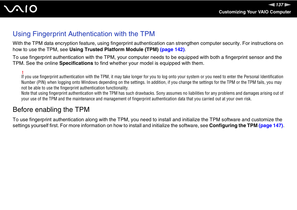 Using fingerprint authentication with the tpm, Before enabling the tpm | Sony VGN-SZ440 User Manual | Page 137 / 239