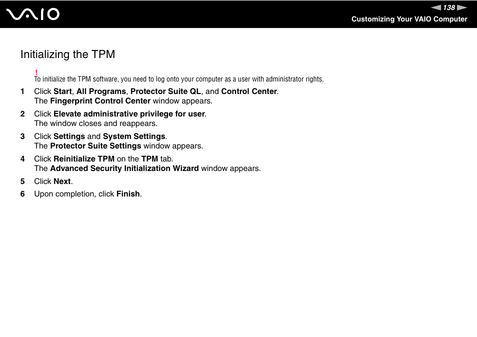 Initializing the tpm | Sony VGN-SZ440 User Manual | Page 138 / 239