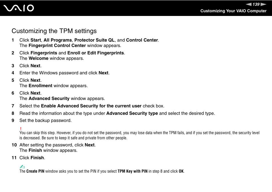 Customizing the tpm settings | Sony VGN-SZ440 User Manual | Page 139 / 239